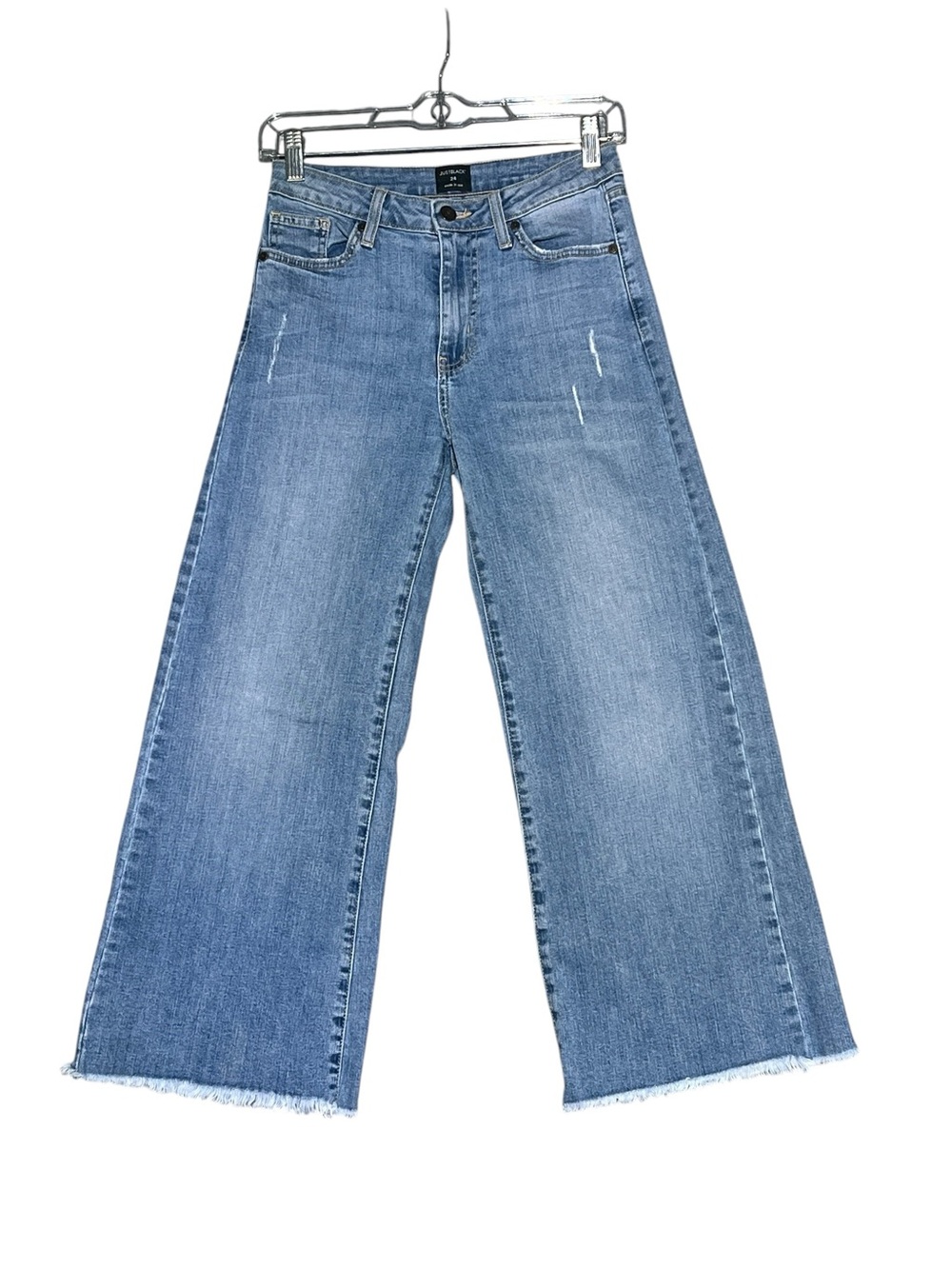 JUST BLACK USA Wide Leg Crop Jeans Light Wash Whiskered Raw Hem Stretch Size 24 - Picture 2 of 16